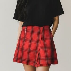 Red Black Plaid Wool-Blend Mini Skirt Zip Front Wrap Style Preppy Holiday